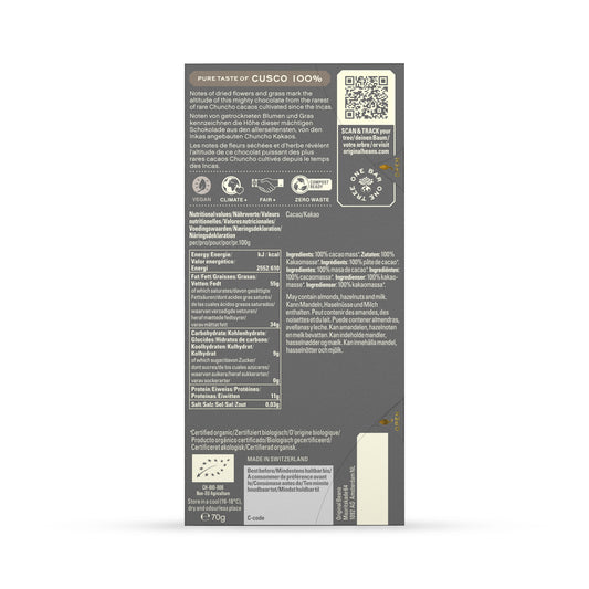 Informacion nutricional sobre las Tabletas de chocolate de especialidad. Tabletas de chocolate. Chocolate gourmet. Chocolate reposteria. Chocolate recolectado en la región de Cusco, Perú. Paquete de 13 tabletas de 70g cada una. Specialty chocolate bars from Peru.