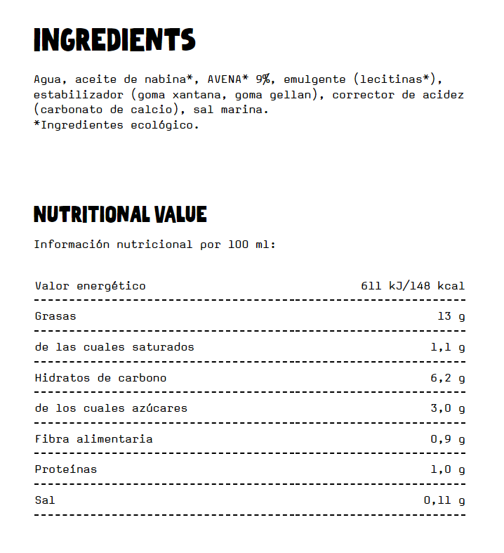 Descripción de los ingredientes e Información nutricional de la crema de avena Oatly bio.