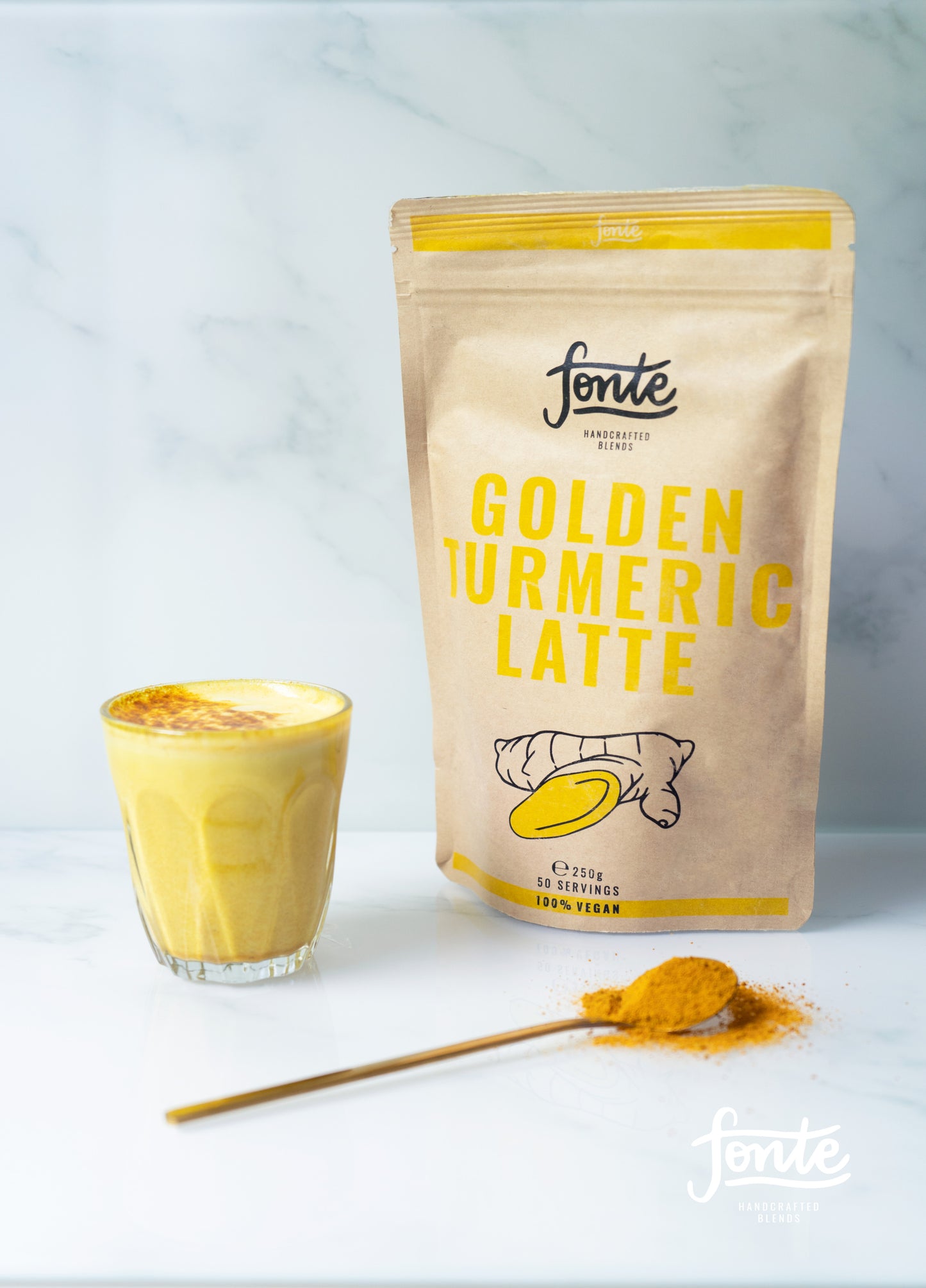 Té de cúrcuma. Bebida de leche dorada. Paquete de 250 gr. Bebida cúrcuma latte. Golden turmeric latte.