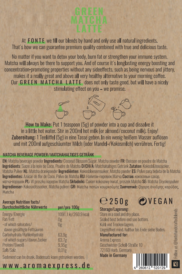 Descripcion nutricional del Té matcha japonés marca FONTE. Paquete de 250 gr. Bebida matcha latte de la marca FONTE.
