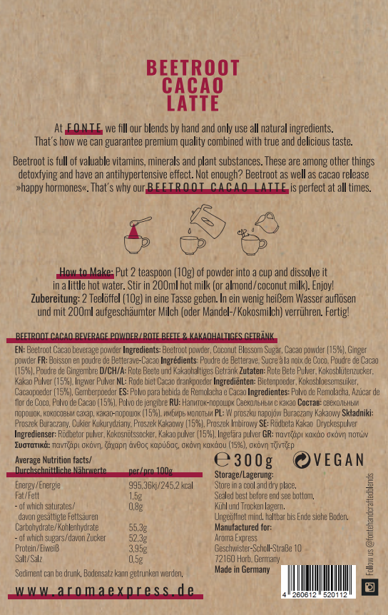 Detalles nutricionales de la bebida de remolacha y cacao. Paquete de 300 gr. Bebida remolacha cacao latte. Beetroot cacao latte. Pink Latte.