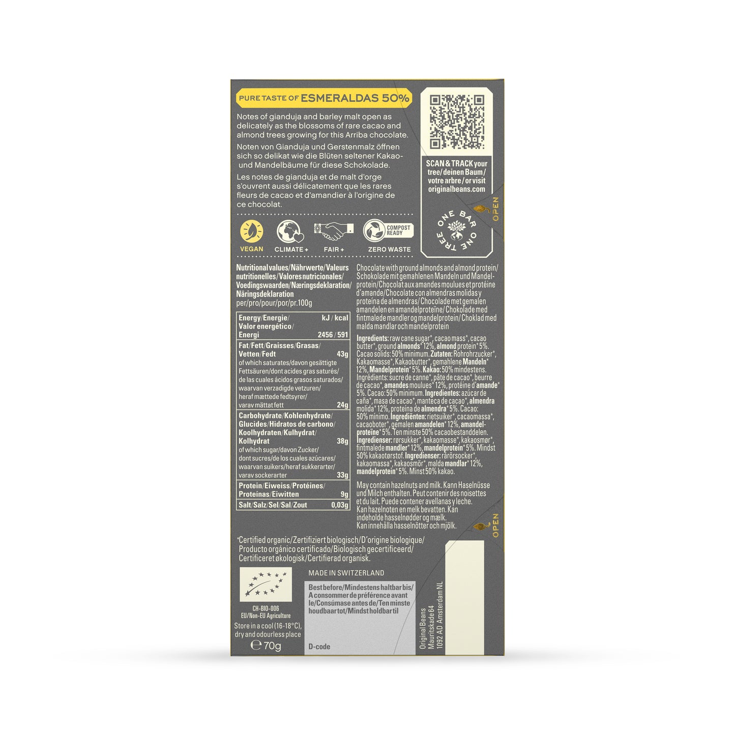 Tabletas de chocolate con leche vegana. Tabletas de chocolate con leche de almendras. Chocolate gourmet. Chocolate reposteria. Chocolate recolectado en la región de costa esmeraldas, Ecuador. Paquete de 13 tabletas de 70g cada una. Specialty chocolate with vegan milk bars from Ecuador.