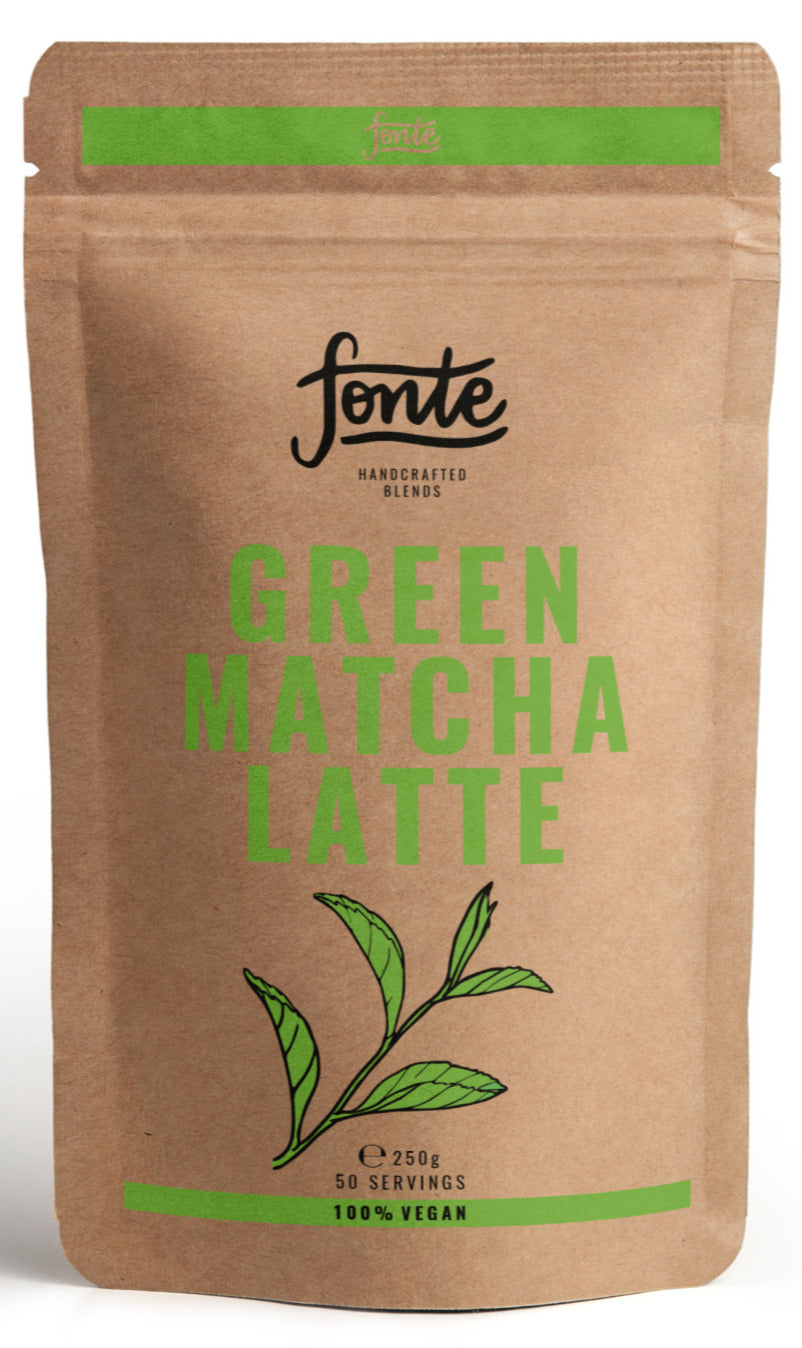 Té matcha japonés. Paquete de 250 gr. Bebida de matcha latte endulzado con azucar de flor de coco.