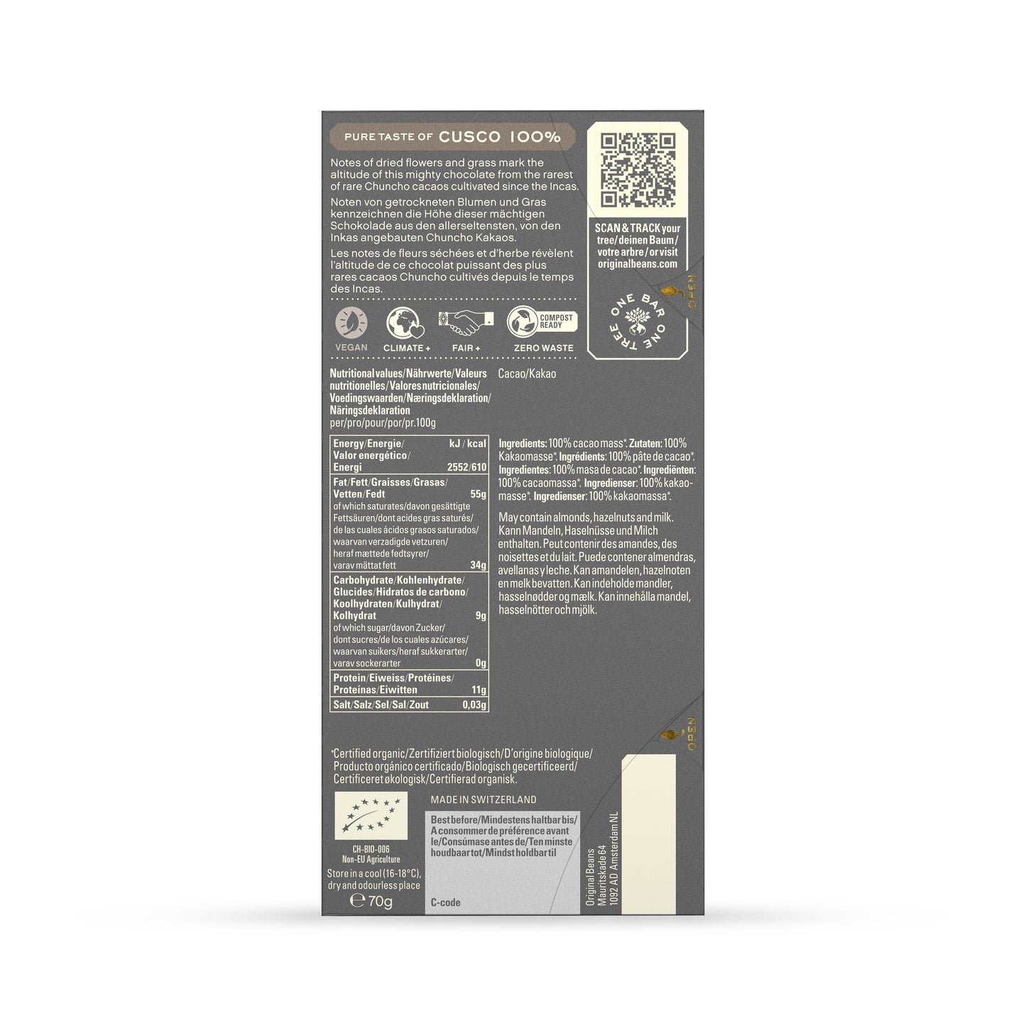 Informacion nutricional sobre las Tabletas de chocolate de especialidad. Tabletas  de chocolate. Chocolate gourmet. Chocolate reposteria. Chocolate recolectado en la región de Cusco, Perú. Paquete de 13 tabletas de 70g cada una. Specialty chocolate bars from Peru.