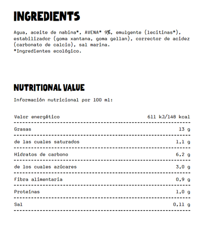 Descripción de los ingredientes e Información nutricional de la crema de avena Oatly bio. 