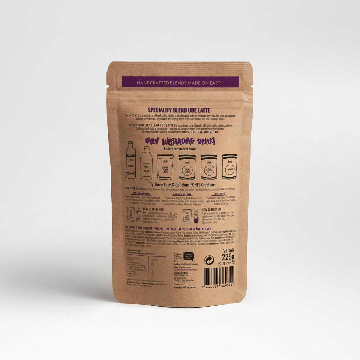 Información y modo de preparación del Ube Latte de FONTE, 225 gr.