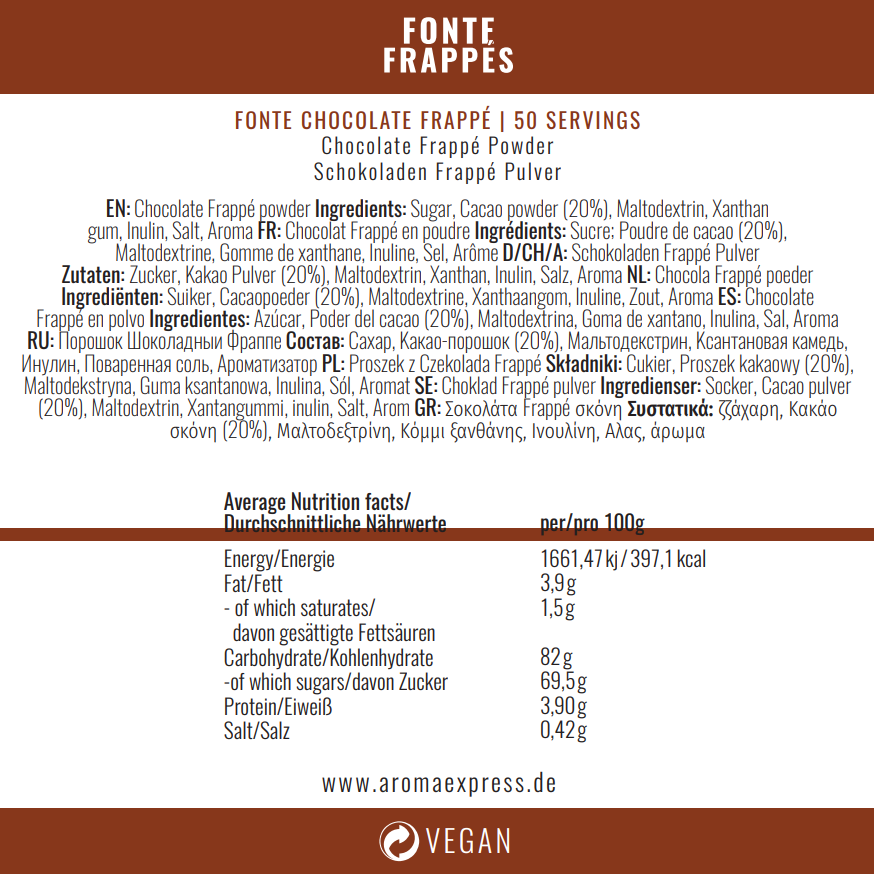 Frappé de chocolate. Bote de 2 Kg. Bebida de frappé de chocolate. Chocolate frappe.