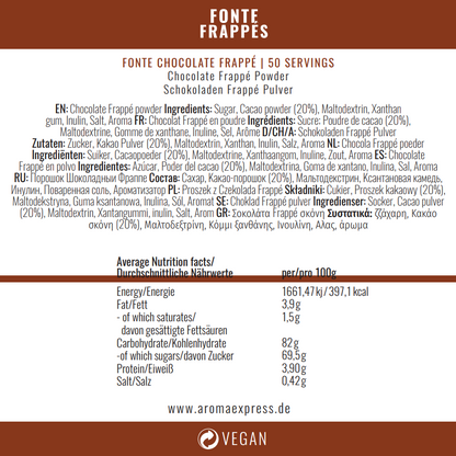 Frappé de chocolate. Bote de 2 Kg. Bebida de frappé de chocolate. Chocolate frappe.